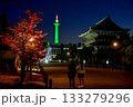 緑にライトアップされた京都タワーと寺の門 133279296