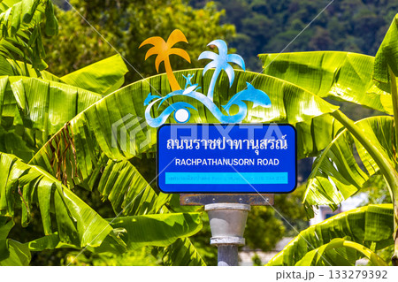 Blue round street name road sign in Patong Phuket Thailand. Blue round street name road sign in Patong Phuket Thailand. 133279392