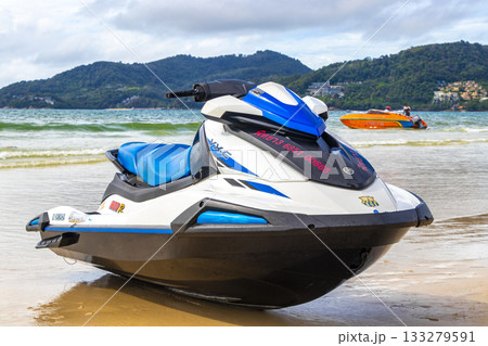 Jet ski jetski in turquoise blue water Patong Beach Thailand. 133279591