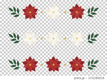 ポインセチアのフラワーボーダーラインのベクターイラストセット(赤・白・ミックス) 133280016