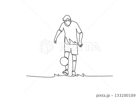 Single one line drawing skilled active male soccer freestyle athlete bouncing ball off his foot with focused control. Dynamic balance of sport. Continuous line draw design graphic vector illustration 133280189