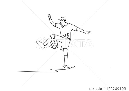 Continuous one line drawing young man soccer freestyle athlete bouncing ball off his knee with arms wide for balance. Dynamic control of the sport. Single line draw design vector graphic illustration Continuous one line drawing young man soccer freestyle athlete bouncing ball off his knee with arms wide for balance. Dynamic control of the sport. Single line draw design vector graphic illustration 133280196