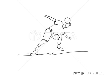 Continuous one line drawing young man soccer freestyle athlete balancing ball on back of his neck while leaning forward. Precise control and focus. Single line draw design vector graphic illustration Continuous one line drawing young man soccer freestyle athlete balancing ball on back of his neck while leaning forward. Precise control and focus. Single line draw design vector graphic illustration 133280199