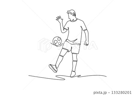 Single continuous line drawing man soccer freestyle athlete expertly juggling ball off his foot with focused balance. Fluid skill and dynamic control. One line draw graphic design vector illustration 133280201