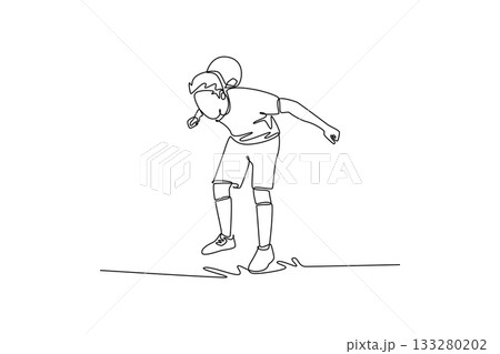 Single continuous line drawing young man soccer freestyle athlete expertly balancing ball on back of his neck while bouncing slightly. Precise control. One line draw graphic design vector illustration 133280202