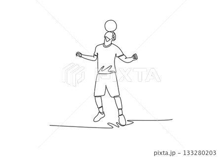 Single continuous line drawing man soccer freestyle athlete expertly balancing ball on his forehead while slightly bouncing. Precise control and focus. One line draw graphic design vector illustration 133280203