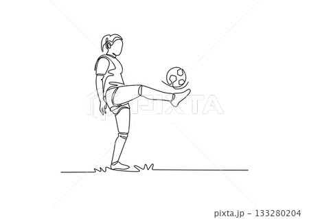Single continuous line drawing woman soccer freestyle athlete expertly juggling ball off her raised foot. Fluid skill and dynamic control of the sport. One line draw graphic design vector illustration Single continuous line drawing woman soccer freestyle athlete expertly juggling ball off her raised foot. Fluid skill and dynamic control of the sport. One line draw graphic design vector illustration 133280204