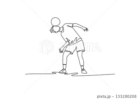 Single continuous line drawing woman soccer freestyle athlete expertly balancing ball on her forehead while leaning forward. Precise control and focus. One line draw graphic design vector illustration Single continuous line drawing woman soccer freestyle athlete expertly balancing ball on her forehead while leaning forward. Precise control and focus. One line draw graphic design vector illustration 133280208