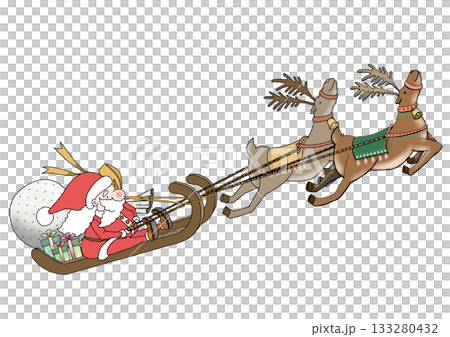 Color illustration of Santa riding in a sleigh with two reindeer Color illustration of Santa riding in a sleigh with two reindeer 133280432