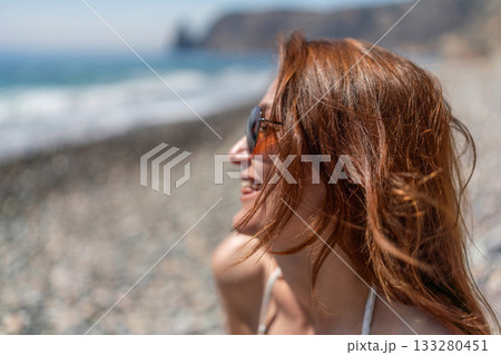 Woman smiling beach summer vacation travel copy space Woman smiling beach summer vacation travel copy space 133280451