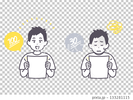 一個男孩看到考試成績後很高興，一個男孩則很失望 133281115