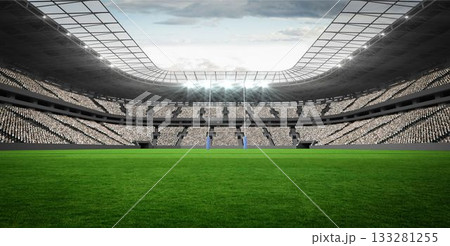 White rugby-style goalposts with blue padding are standing in flat design stadium with grass field 133281255