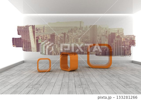 Abstract screen in room showing cityscape Abstract screen in room showing cityscape 133281266