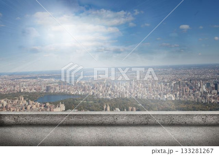 Flat design illustration is showing rooftop terrace overlooking dense skyline and central lake park 133281267