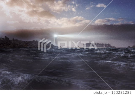 Stormy sea with lighthouse 133281285