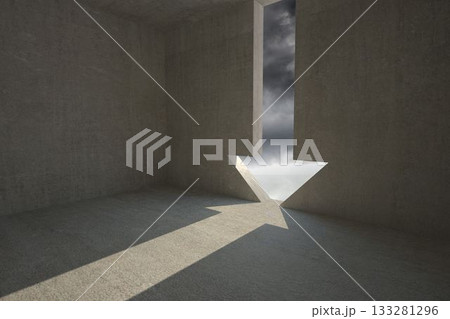Flat design is showing concrete room with arrow-shaped cutout casting shadow and cloudy sky view Flat design is showing concrete room with arrow-shaped cutout casting shadow and cloudy sky view 133281296