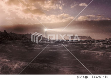 Stormy sea with lighthouse 133281310