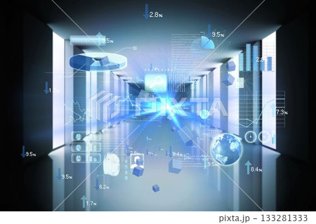 Floating holographic charts combining cubes, globe and search icon in futuristic corridor 3D render Floating holographic charts combining cubes, globe and search icon in futuristic corridor 3D render 133281333