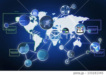 Stylized flat design network is showing tech icons linked by lines over gradient map silhouette 133281345