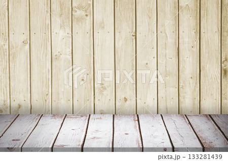 Wooden tabletop surface is sitting in flat design rustic staging area with matching plank wall Wooden tabletop surface is sitting in flat design rustic staging area with matching plank wall 133281439