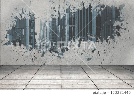 flat design splatter mural is revealing urban street scene on concrete wall over grey tiled floor flat design splatter mural is revealing urban street scene on concrete wall over grey tiled floor 133281440