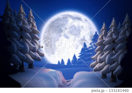 Full moon is glowing over snowy forest clearing in flat illustration featuring snow-packed path 133281480