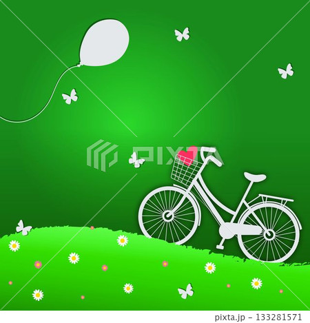 White bicycle silhouette is resting on daisy-covered hill in flat design, with red heart in basket 133281571
