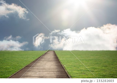 Flat design illustrating wooden boardwalk stretching into green lawn under bright sun with clouds Flat design illustrating wooden boardwalk stretching into green lawn under bright sun with clouds 133281603