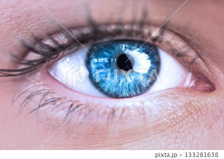 Close-up macro eye illustration is showing vivid blue iris with radial textures and cornea glare Close-up macro eye illustration is showing vivid blue iris with radial textures and cornea glare 133281638