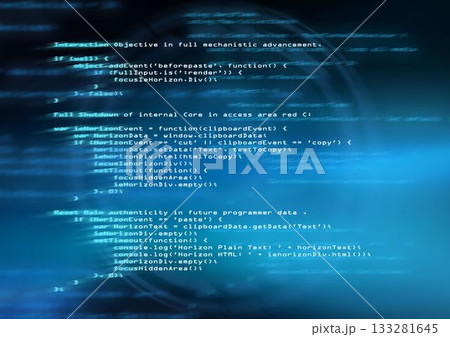 Clipboard code is floating on dark blue background, featuring glowing globe grid and light streaks 133281645