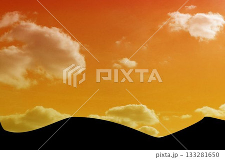 Minimalist flat style is featuring rolling dune silhouette under gradient orange sky with clouds 133281650