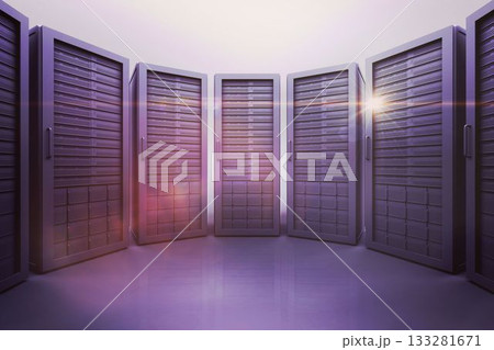 Seven server racks are standing in 3D render room with glowing purple LEDs on reflective floor 133281671