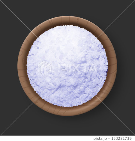 Realistic salt pile in the bowl top view on grey, 3d vector white natural mineral grains, cooking ingredient Realistic salt pile in the bowl top view on grey, 3d vector white natural mineral grains, cooking ingredient 133281739