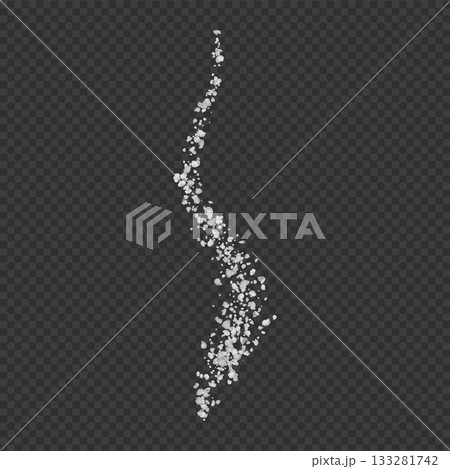 Realistic salt or sugar crystal powder scattered vertical wavy stripe on surface, 3d vector white natural mineral grains Realistic salt or sugar crystal powder scattered vertical wavy stripe on surface, 3d vector white natural mineral grains 133281742