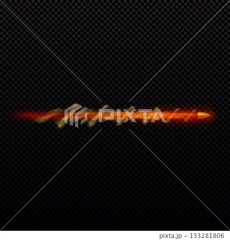 A metallic golden bullet with a moving trail, fiery tail, dust, smoke, and glow effect. 133281806