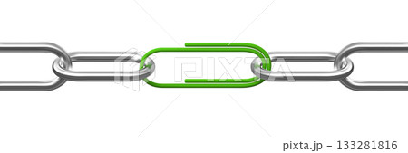 Steel chains link with green clip, vector realistic 3D horizontal link sequence chain connected with stationery tool Steel chains link with green clip, vector realistic 3D horizontal link sequence chain connected with stationery tool 133281816
