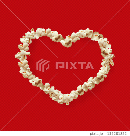 Popcorn heart on a red, isolated, transparent background, empty frame. Popcorn heart on a red, isolated, transparent background, empty frame. 133281822