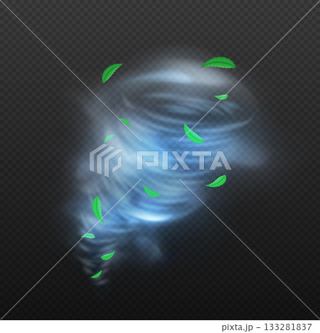 Realistic tornado swirl storm with leaves, hurricane wind vortex, vector 3D fresh cyclone twister, whirlwind air funnel 133281837