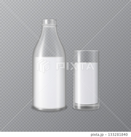Mockup of an open glass bottle with a glass filled with milk. Mockup of an open glass bottle with a glass filled with milk. 133281840