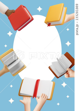Books in hands 3D plastic style vector round frame design, cartoon opened book with white sheets and bookmark, library 133281869