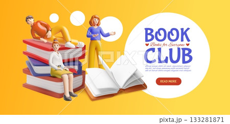3D banner with characters and a stack of books, book exchange. 133281871