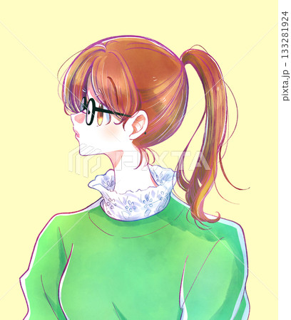 眼鏡をかけたポニーテールの女性　落書き 133281924