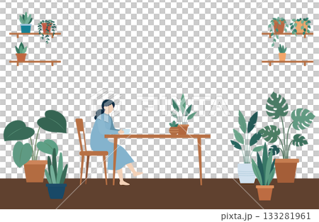 観葉植物に囲まれた落ち着いた室内時間を過ごす女性 観葉植物に囲まれた落ち着いた室内時間を過ごす女性 133281961