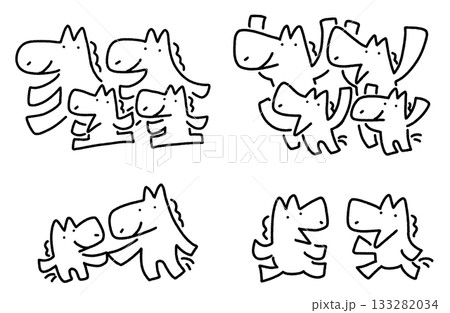 かわいい馬キャラクターの親子・家族のセット　歩く　万歳　会話　手を繋 133282034