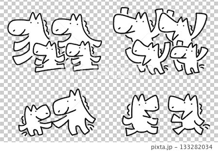 かわいい馬キャラクターの親子・家族のセット　歩く　万歳　会話　手を繋 133282034