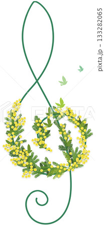 ト音記号とミモザの花をあしらったイラスト ト音記号とミモザの花をあしらったイラスト 133282065