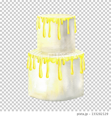 Layered cake covered with dripping yellow icing. White wedding tiered cake base with yellow cream hand drawn in watercolor. Isolated from background bakery element Illustration for dessert, pastry. 133282129