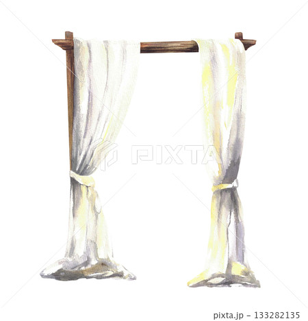 Wooden square arch with white curtain. Watercolor hand drawn wedding arch with wood texture isolated from background illustration. Elegant beige, grey yellow veil drapery for wedding event decoration 133282135