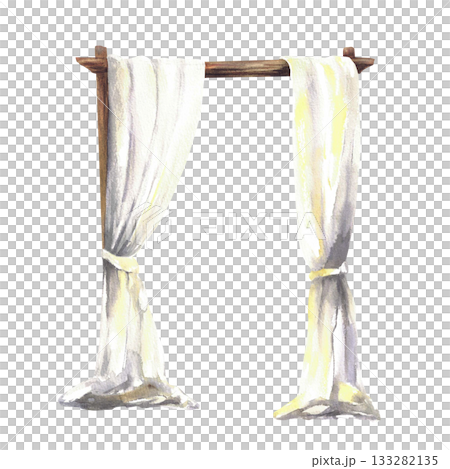 Wooden square arch with white curtain. Watercolor hand drawn wedding arch with wood texture isolated from background illustration. Elegant beige, grey yellow veil drapery for wedding event decoration 133282135