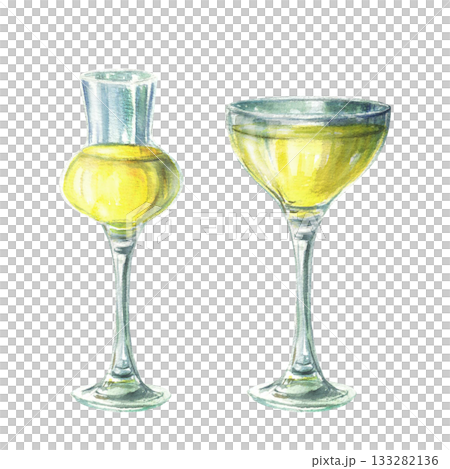 Limoncello, Italian Lemon liqueur in glass set. Shot with yellow alcoholic drink, cocktails. Watercolor hand drawn illustration. Clipart for beverage menu for bar, restaurant. Isolated from background Limoncello, Italian Lemon liqueur in glass set. Shot with yellow alcoholic drink, cocktails. Watercolor hand drawn illustration. Clipart for beverage menu for bar, restaurant. Isolated from background 133282136